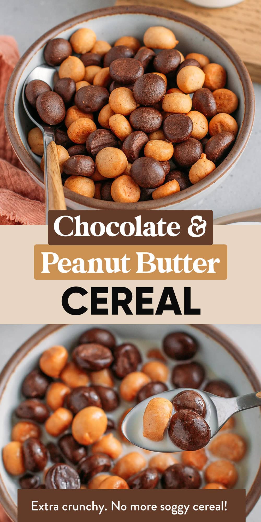 Forget about Reese's Puffs and try this homemade chocolate peanut butter cereal! It's super crunchy, not overly sweet, and made with just 9 ingredients. Enjoy it with cold or warm milk, stir it into yogurt, or sprinkle it over ice cream! #cereal #peanutbutter