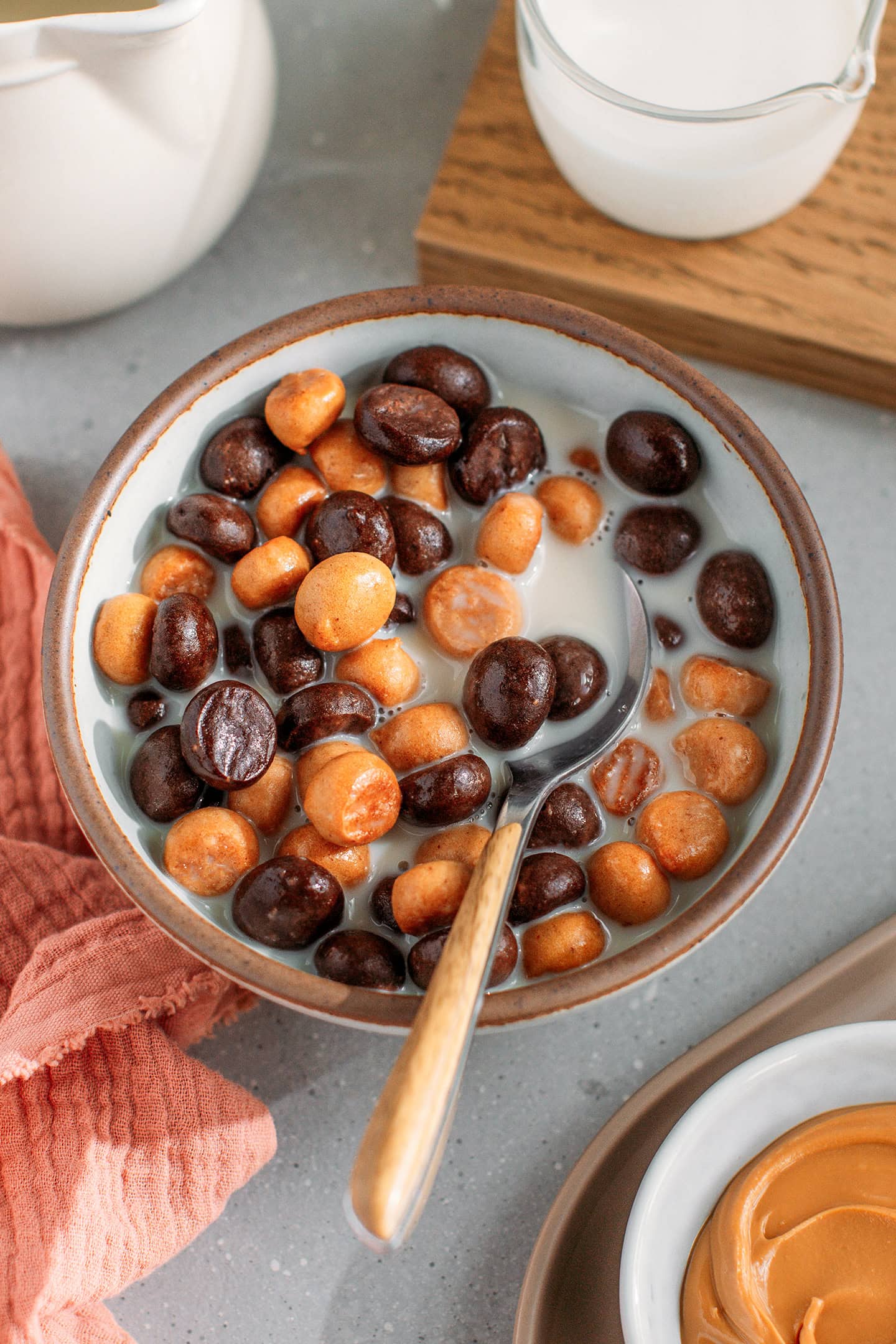 Chocolate and peanut butter cereal with milk in a bowl.