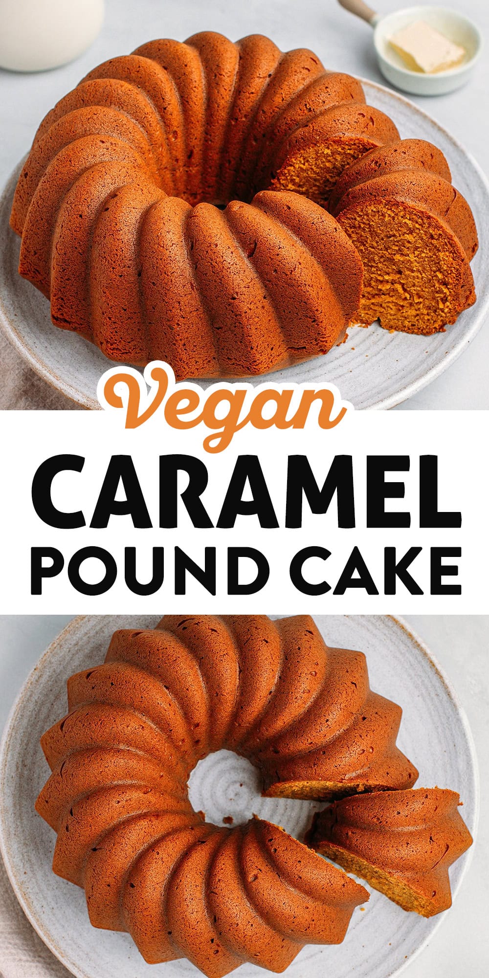 Packed with salted coconut caramel sauce, this vegan caramel pound cake has the same moist and dense crumb as the classic version! It's rich and buttery, with delicious notes of vanilla, toffee, and toasted nuts! #poundcake #vegan