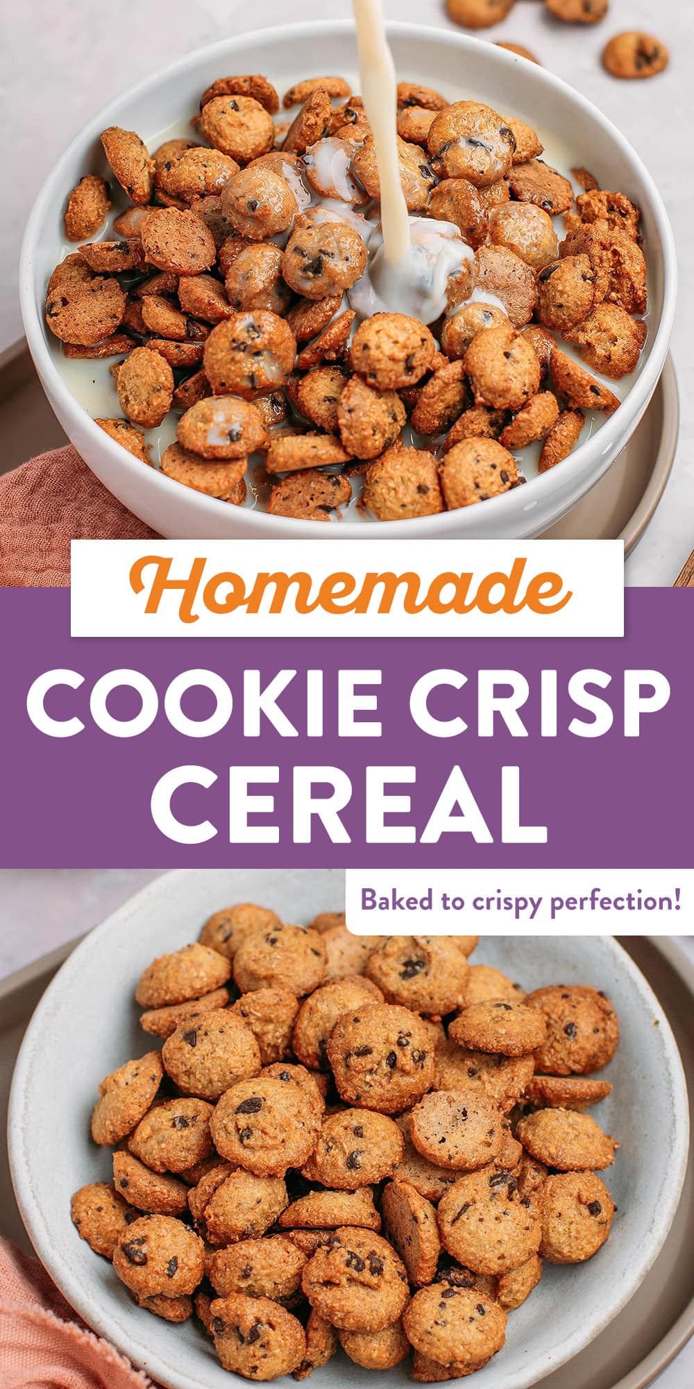 Learn how to make Cookie Crisp cereal from scratch, at home! Made with a base of whole-wheat flour and corn flour, these bite-sized cookies are loaded with mini chocolate chunks and are baked to crispy perfection! Enjoy for breakfast with milk, as a snack with yogurt, or sprinkle them over ice cream!