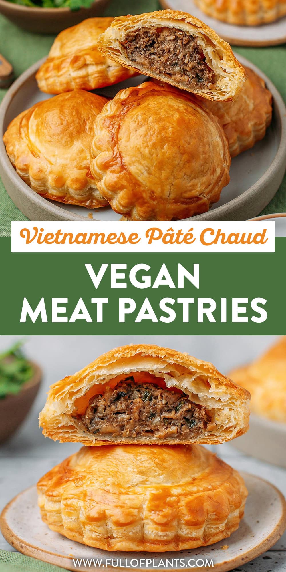 These Vietnamese savory pastries, also called pâté chaud, are crispy and buttery on the outside and so meaty on the inside! The meat filling is made with vegan ground meat, pâté, and aromatics like green onions, garlic, and black pepper, delivering tons of flavor. Serve them warm for a delicious appetizer!