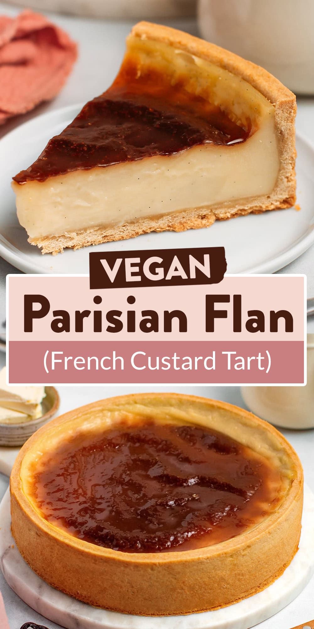 This vegan Parisian flan, also known as Flan Pâtissier, is anything but ordinary. A crisp pastry crust holds creamy vanilla custard that caramelizes beautifully on top as it bakes. Rich, buttery, and so decadent, I have no doubt this French-inspired dessert will wow your guests, vegan or not!
