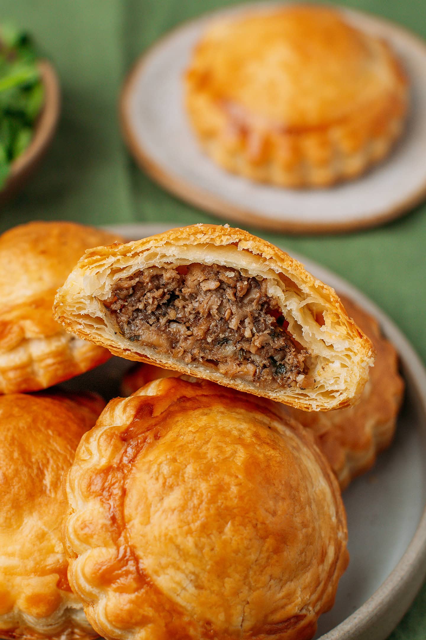 Close-up of the inside of a vegan meat pastry.