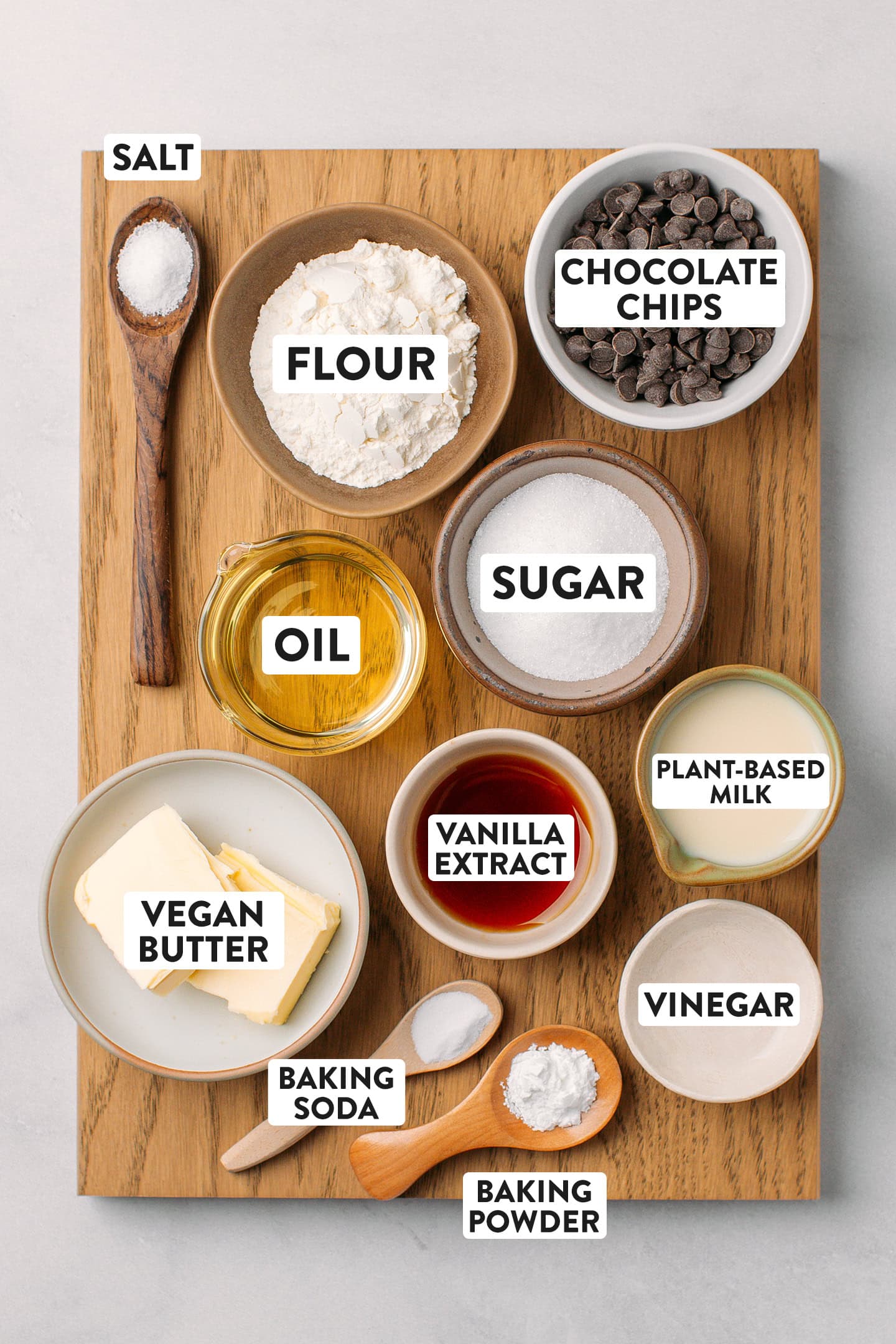 Ingredients like flour, butter, chocolate chips, and sugar.
