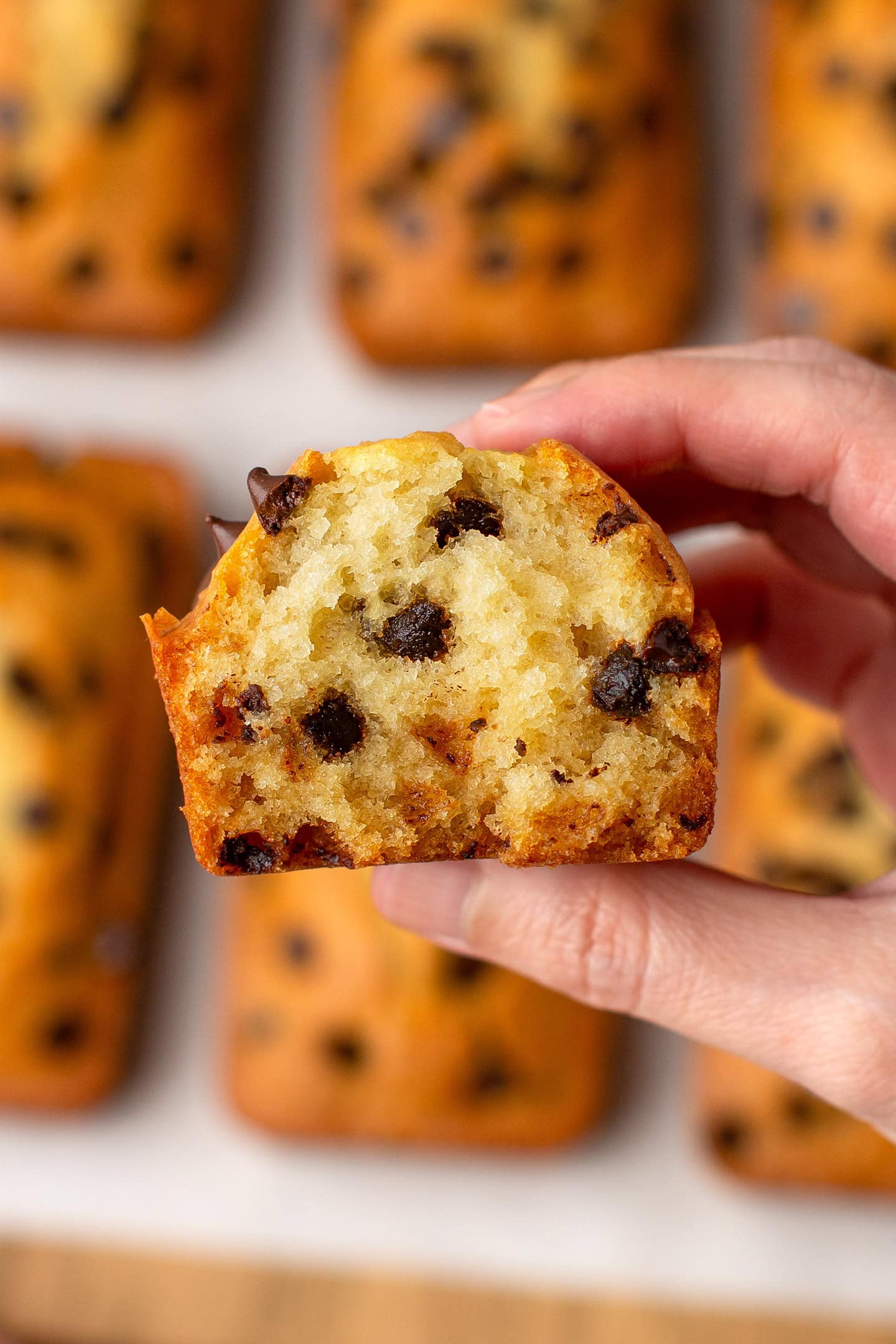 Showing the crumb of a mini chocolate chip loaf cake.