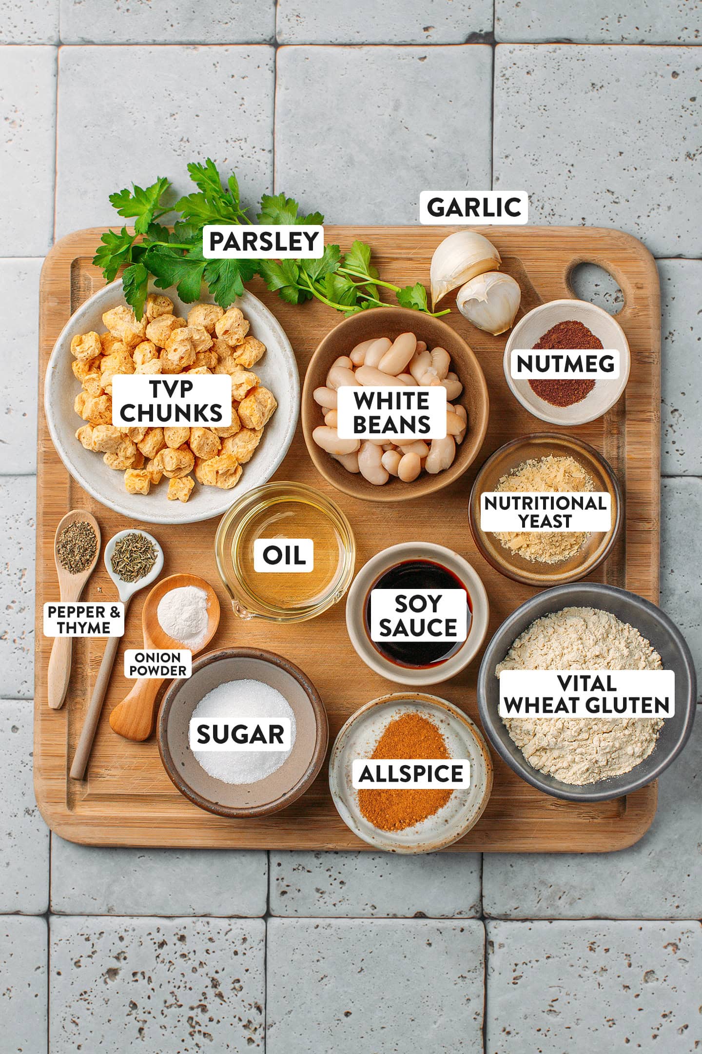 Ingredients like TVP chunks, cooked white beans, vital wheat gluten, sugar, and soy sauce.