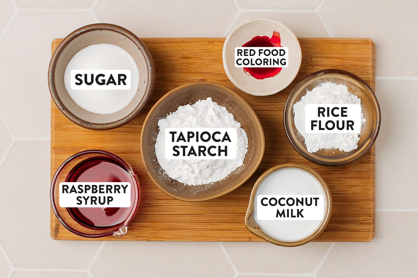 Ingredients like tapioca starch, rice flour, raspberry syrup, and sugar.
