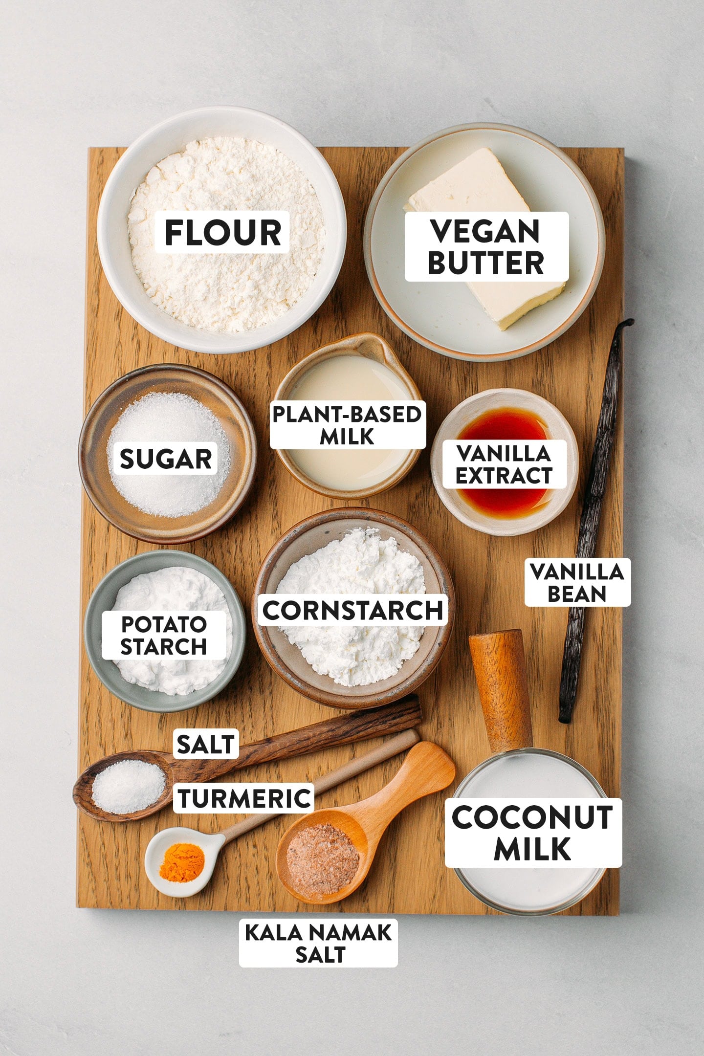 Ingredients like flour, butter, sugar, cornstarch, and coconut milk.