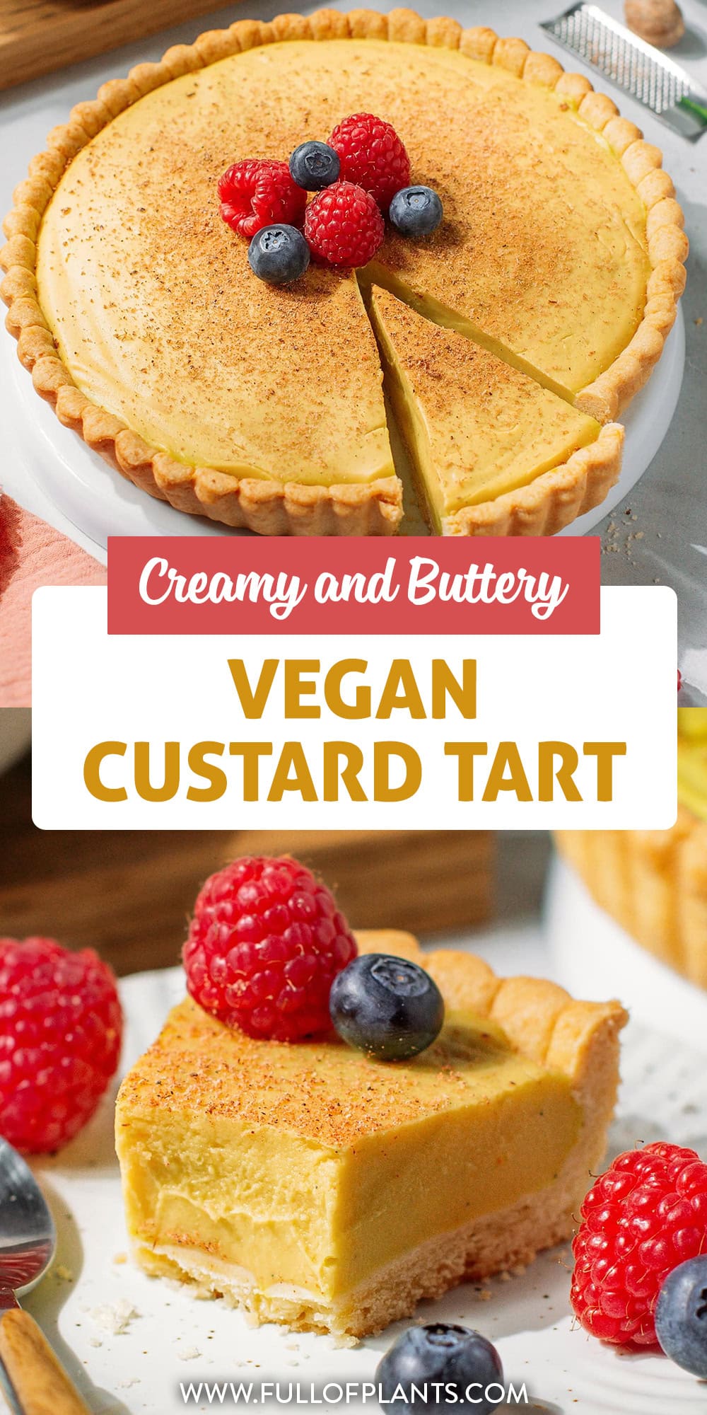 With plenty of vanilla flavor in every bite, this vegan custard tart is a crowd-pleasing dessert. Made with pantry staples in less than an hour, it features a buttery golden-brown crust and the creamiest vanilla custard. Enjoy with a dusting of nutmeg and fresh berries!