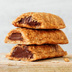 Three soft granola bars filled with chocolate hazelnut butter.