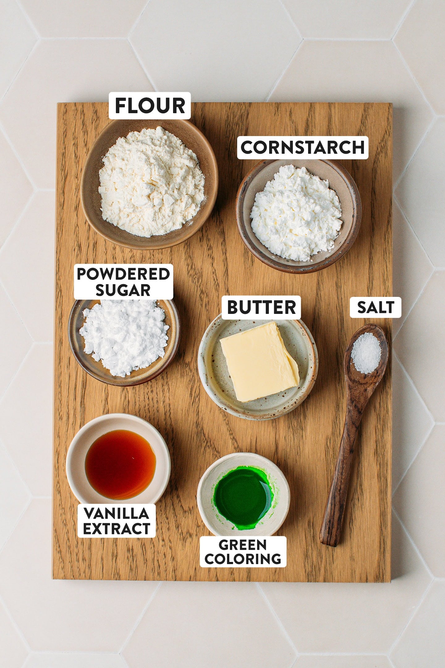 Ingredients like flour, cornstarch, powdered sugar, and butter.