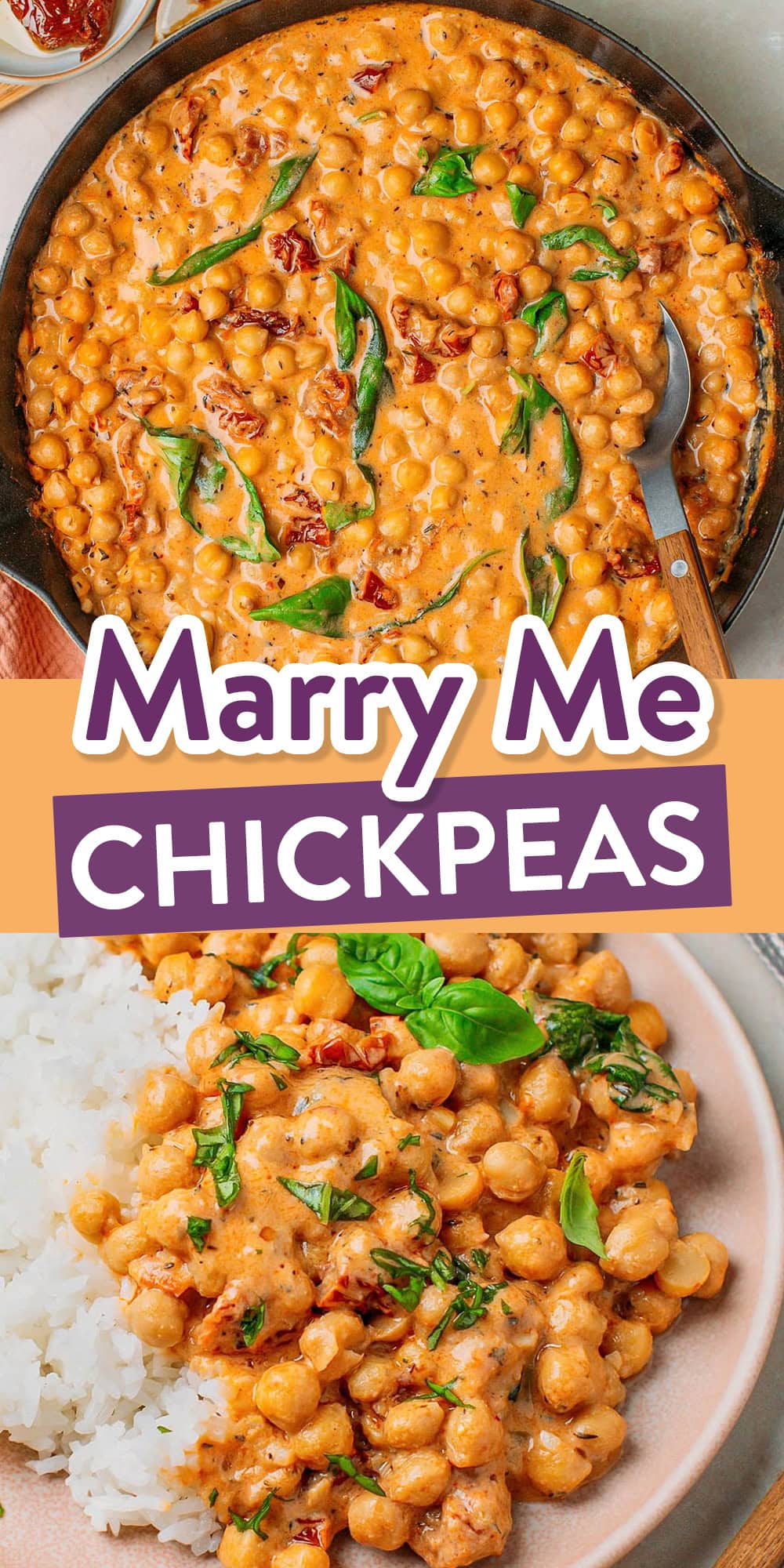 Ultra-creamy, garlicky, and packed with sun-dried tomatoes, my Marry Me Chickpeas are a vegan spin on the popular Marry Me Chicken. Made in one pot under 30 minutes, this rich Tuscan-style dish makes a great family dinner. Serve it over pasta, rice, or with crusty bread!