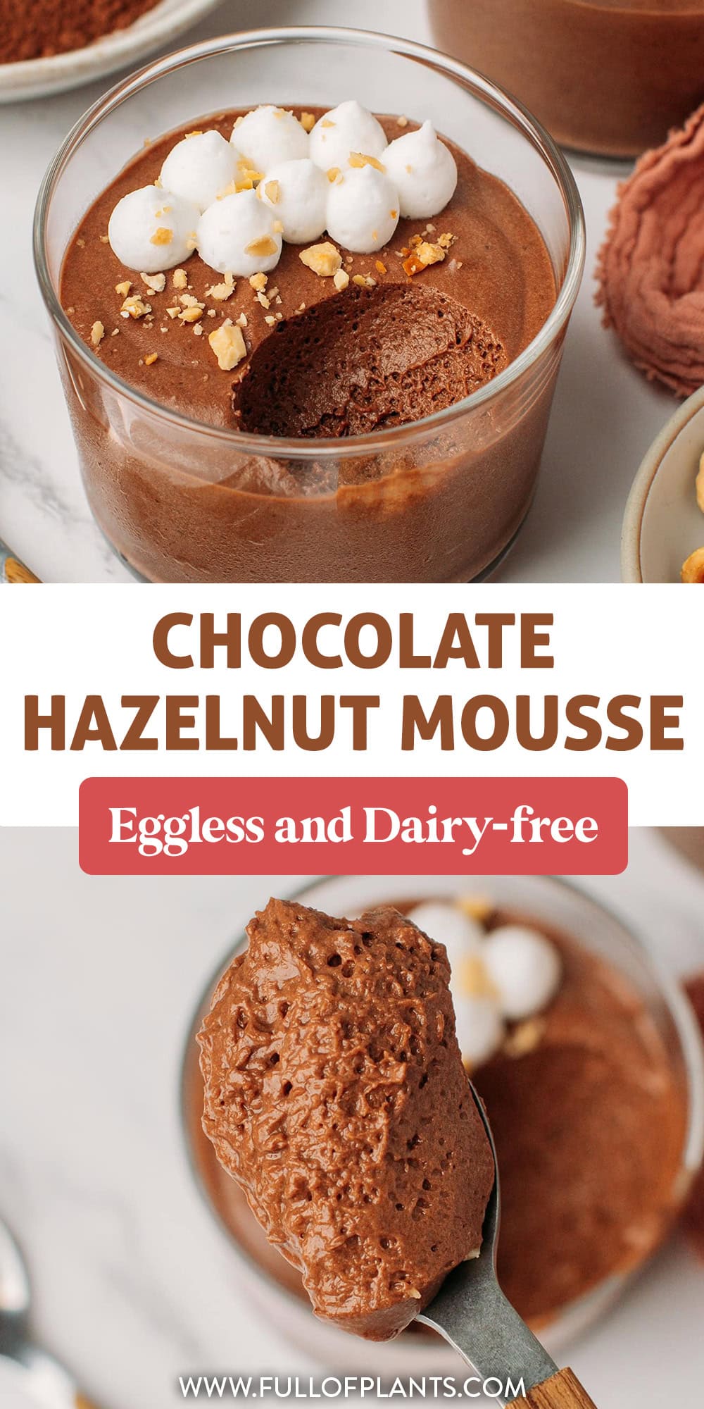 This vegan chocolate hazelnut mousse is rich, airy, and chocolatey with a deep roasted hazelnut flavor. Despite containing no eggs, it whips into a light mousse thanks to the aquafaba and sets into a smooth, creamy dessert after chilling.