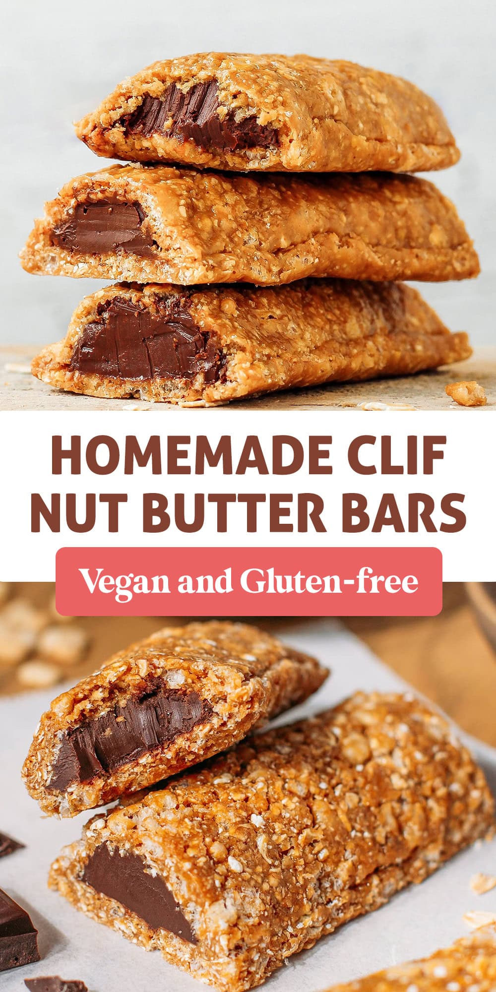 These chocolate hazelnut butter granola bars are a homemade take on Clif Nut Butter Bars, and they taste even better! Soft, chewy, and filled with a creamy nut butter center. They hold together perfectly, are naturally gluten-free, and make the perfect portable snack for your next hike!