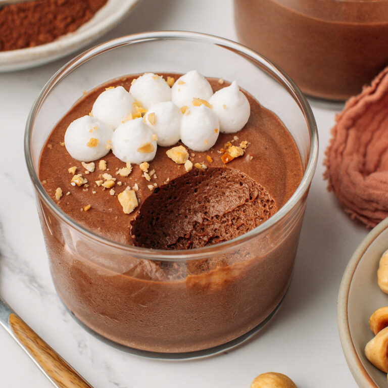 Ramekin filled with chocolate hazelnut mousse.