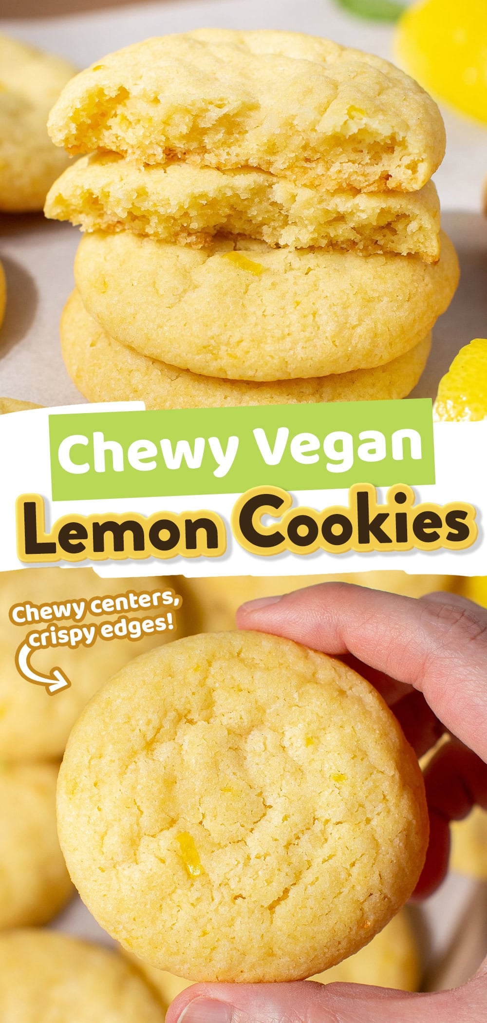 These vegan lemon cookies have a chewy center, crispy edges, and are packed with a bright lemon flavor from both the zest and the juice. No eggs, no dairy, and no lemon extract needed. You'll just need 8 simple ingredients and about 15 minutes of active time!