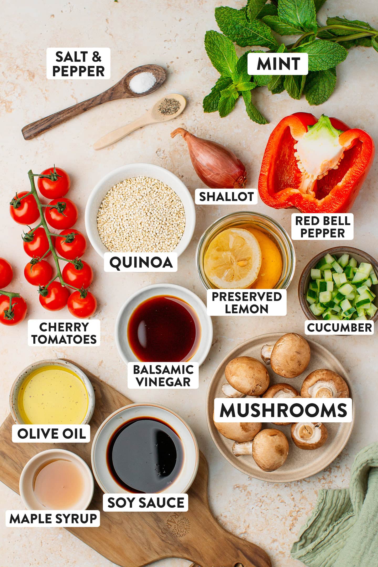 Ingredients like preserved lemons, cherry tomatoes, mushrooms, olive oil, and balsamic vinegar.
