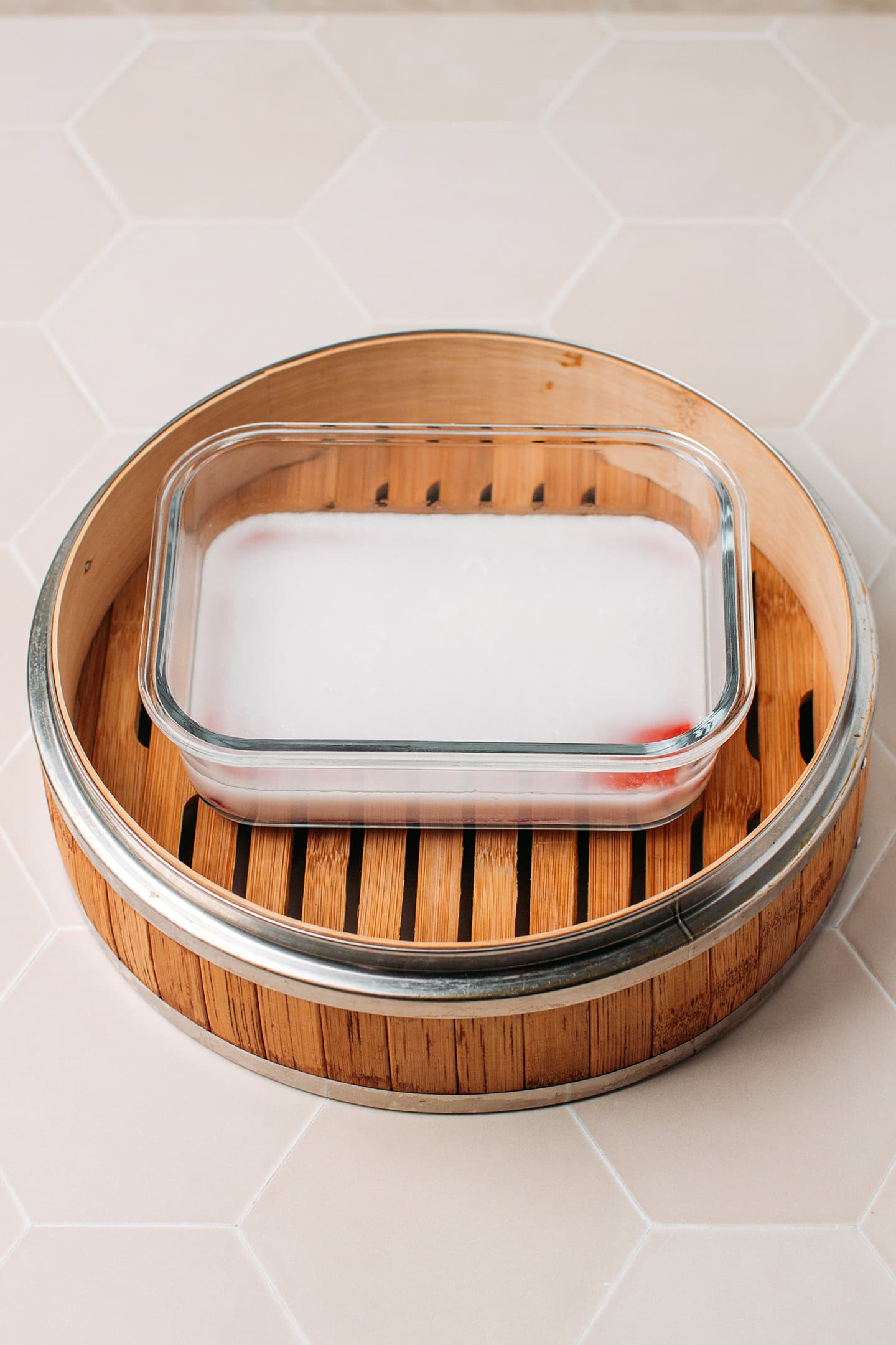 Baking dish with vegan bacon inside.