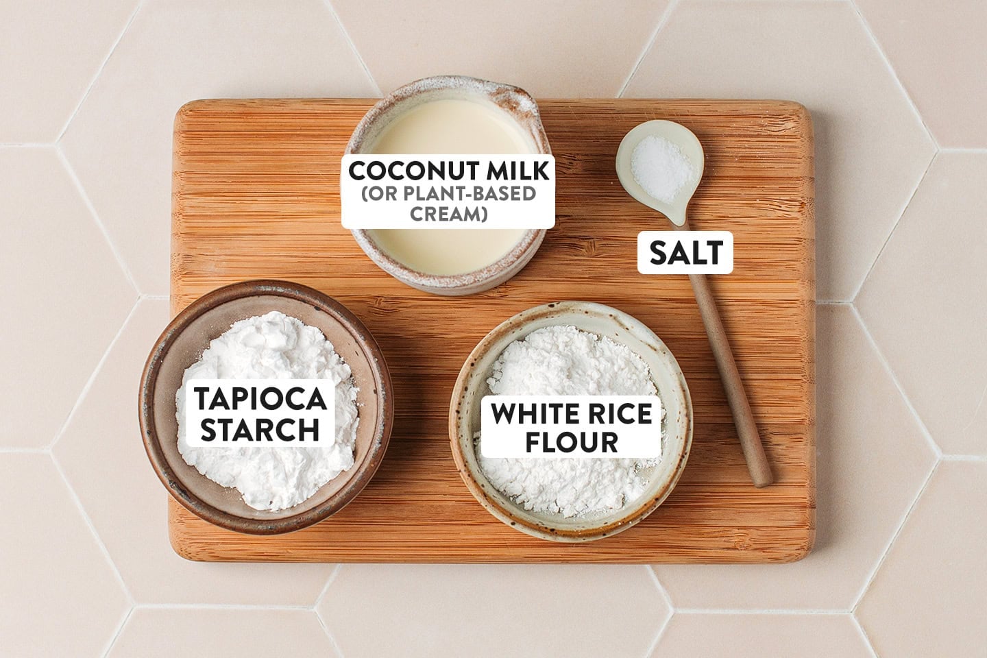 Ingredients like coconut milk, tapioca starch, white rice flour, and salt.