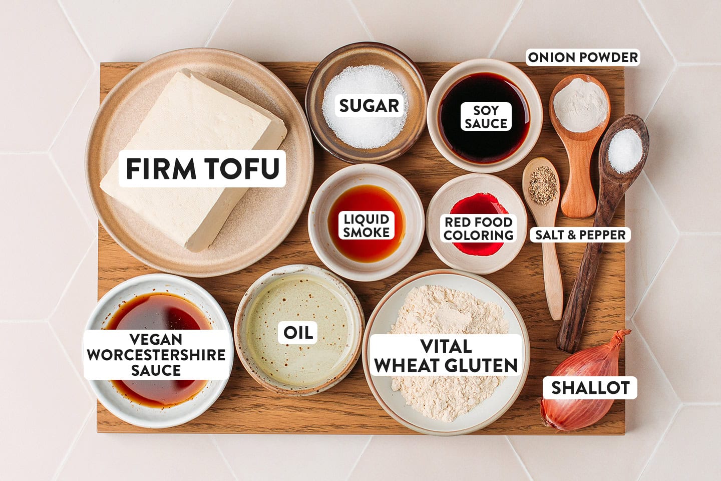 Ingredients like tofu, vital wheat gluten, Worcestershire sauce, and soy sauce.