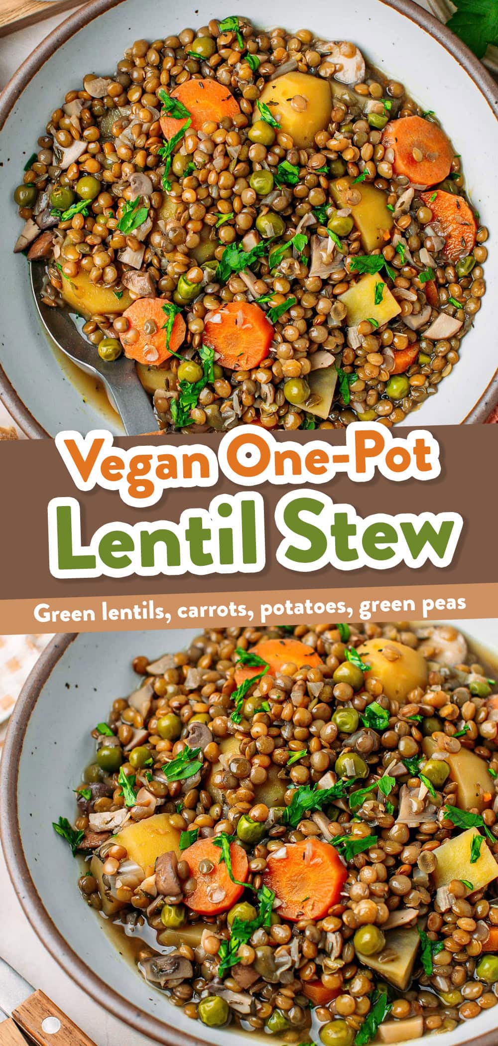 This vegan lentil stew is hearty, satisfying, and made in just one pot. It features green lentils simmered in a beer-infused broth with potatoes, carrots, and mushrooms. A wholesome, deeply comforting meal that the whole family will love!