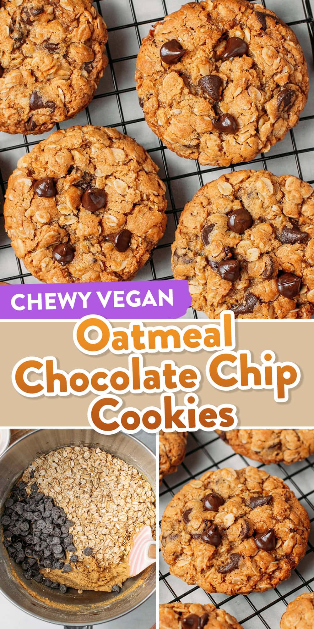 Light brown sugar, molasses, and plenty of vanilla extract give these vegan oatmeal chocolate chip cookies a rich, caramel-like flavor. Pulled from the oven while the center is still soft, they come out with crispy edges and chewy, moist centers. Loaded with rolled oats and gooey chocolate chips!