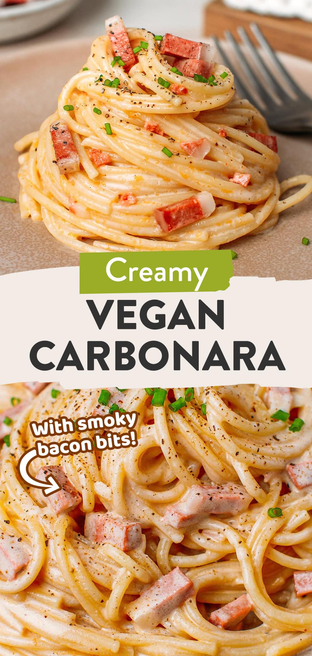 This vegan carbonara features spaghetti tossed in a creamy, cheesy, and garlicky sauce made with plant-based cream, vegetable broth, and nutritional yeast. The bacon bits add smokiness and a satisfying chew, making this dish hearty and so comforting. No eggs, no dairy, nut-free, and ready in under 30 minutes!