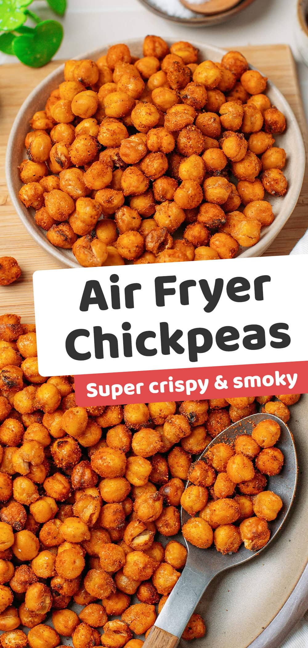 Crispy on the outside, these air fryer chickpeas are tossed in a smoky spice blend of smoked paprika, garlic and onion powder, and chili powder. They come together in less than 15 minutes and make a tasty, simple snack!