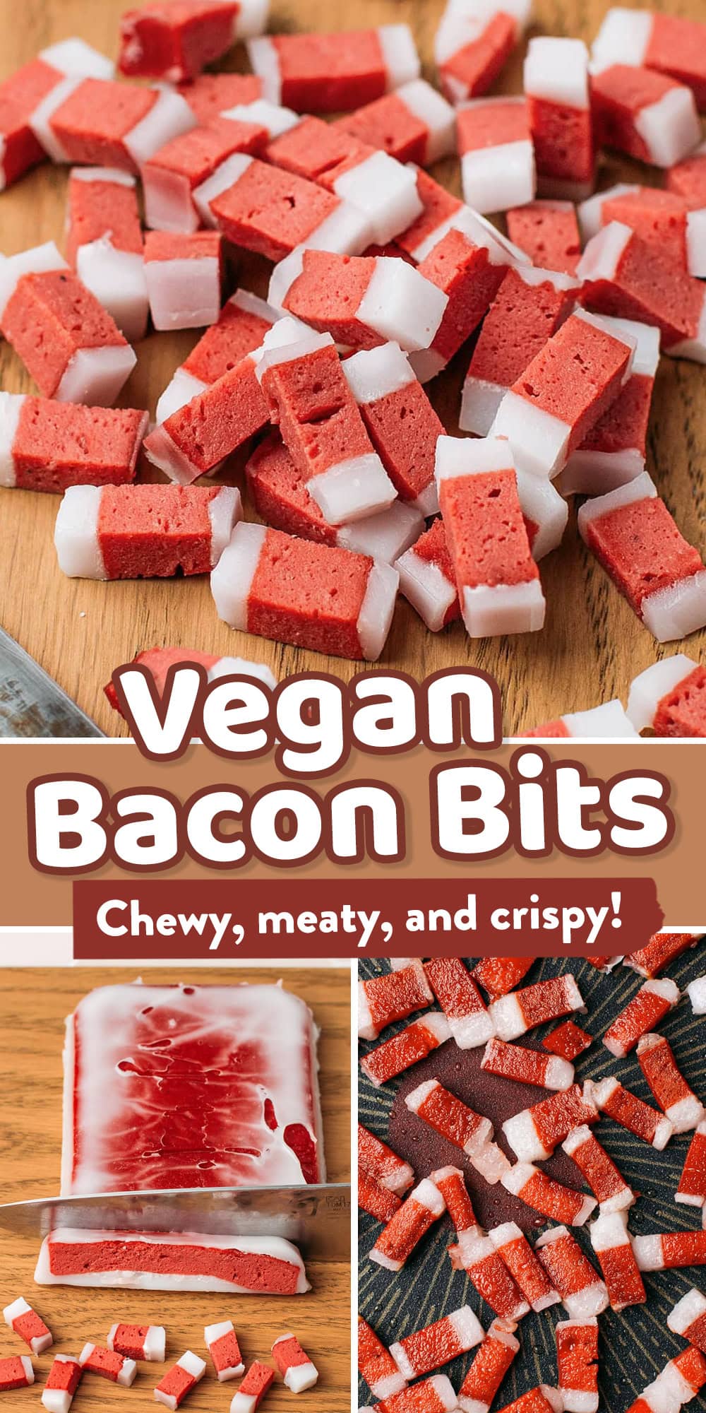 These vegan bacon bits are chewy, smoky, and crispy on the edges once pan-fried. Inspired by French lardons, they are made with a seitan base for a meaty chew and a layer of plant-based fat to make them even more convincing! Use them anywhere you'd use bacon bits: carbonara, quiche, salads, burgers, and more!