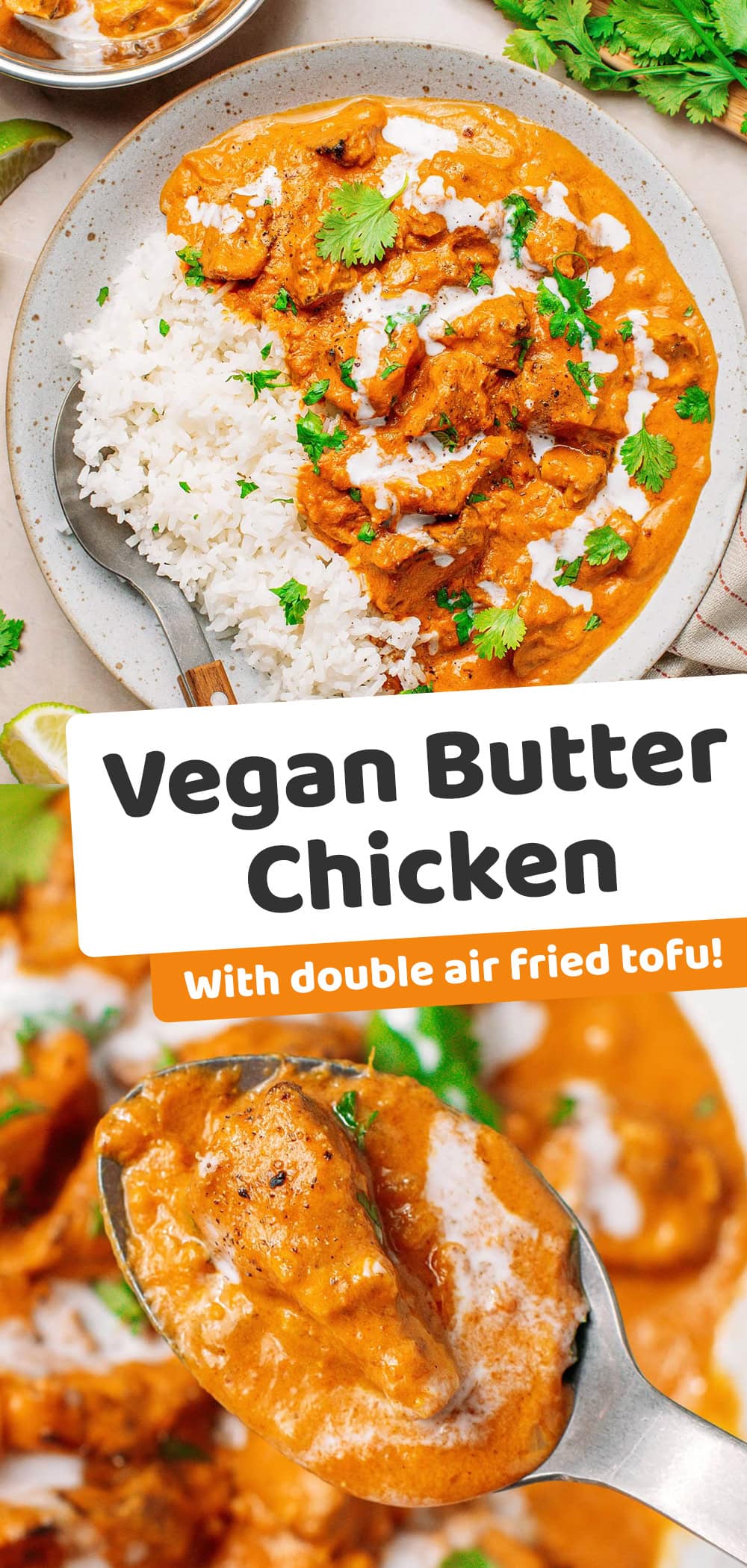 This vegan butter chicken features tofu simmered in a rich and creamy curry sauce made with coconut milk, tomatoes, fresh ginger, and warm spices. The tofu is torn into thick pieces and double air-fried with a yogurt marinade in between, resulting in chewy, well-seasoned pieces with slightly charred edges!