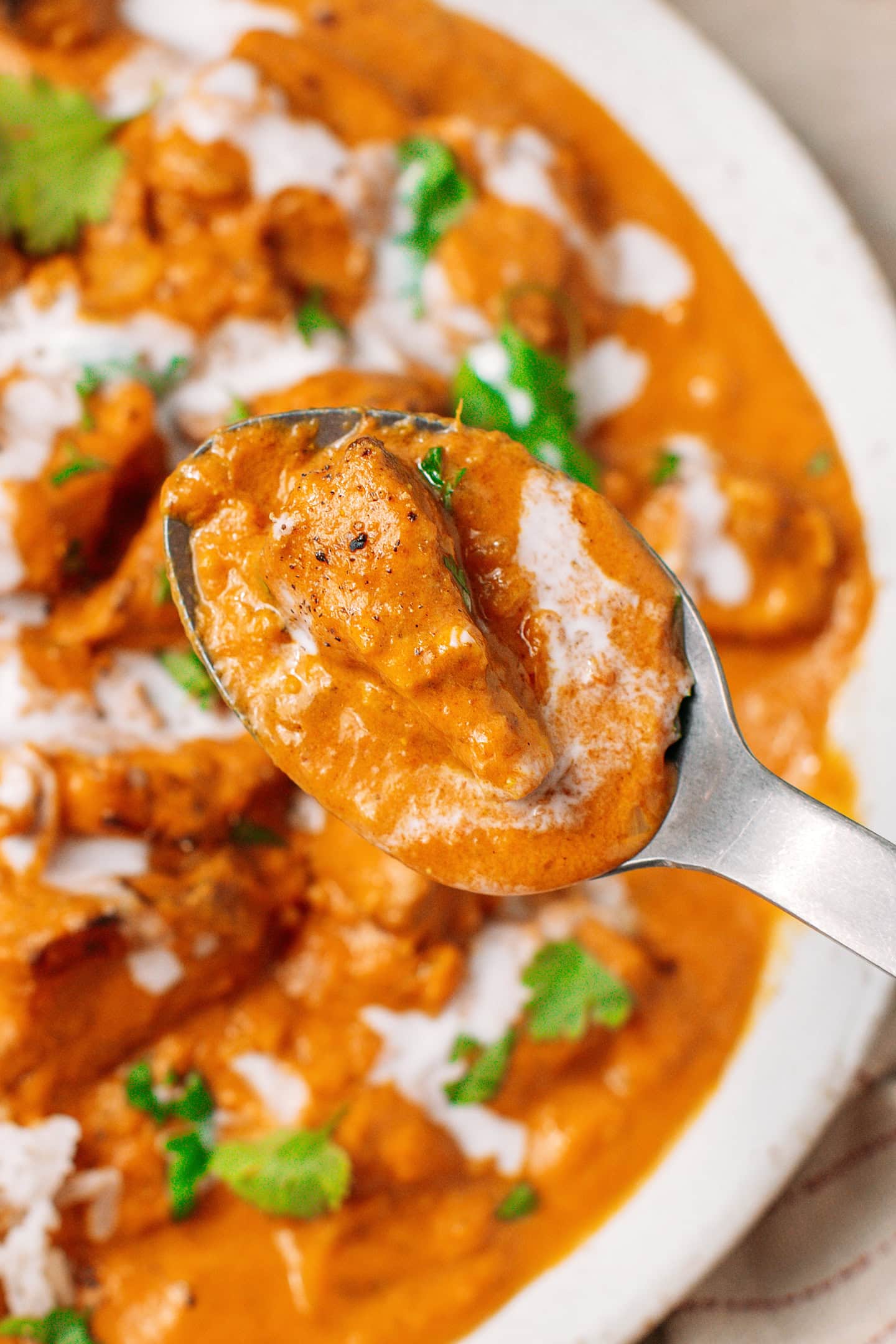 Close-up of a spoonful of tofu in a creamy tomato-based sauce.