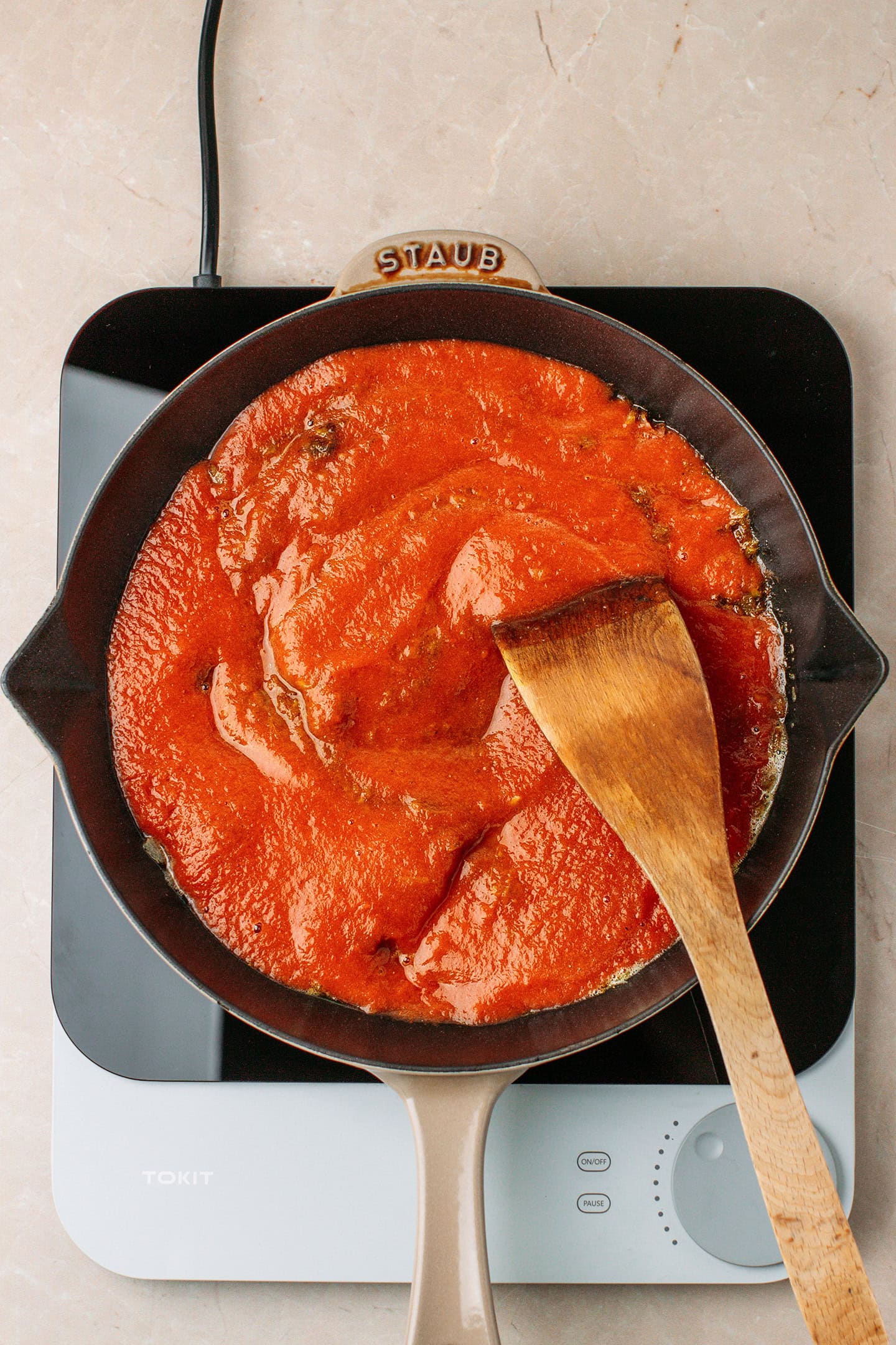 Tomato sauce in a skillet.