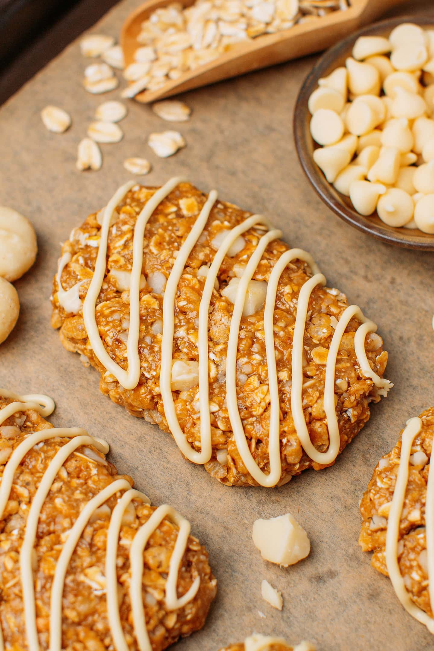 Close-up of a homemade clif bar drizzled with white chocolate.