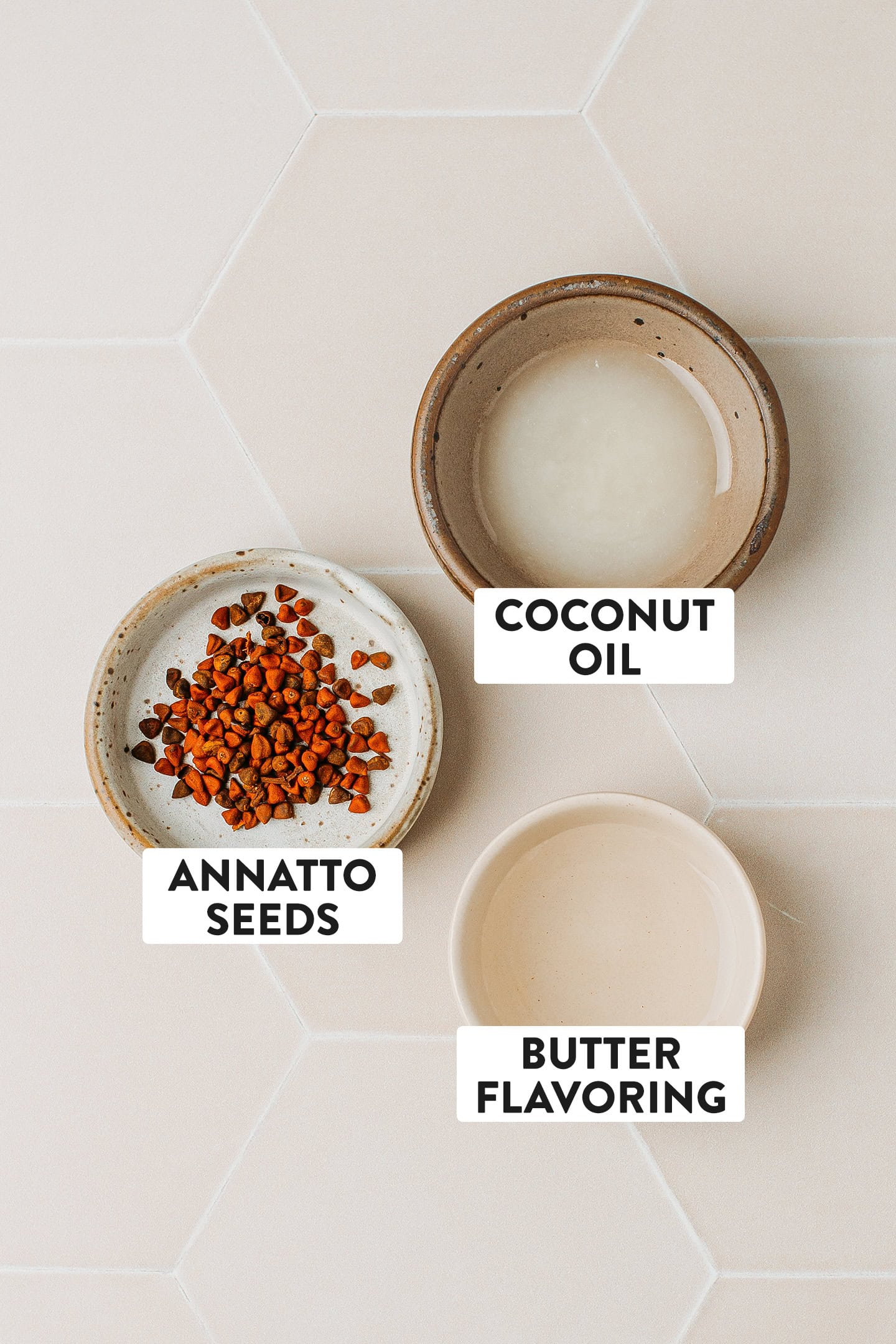 Ingredients like coconut oil, annatto seeds, and butter flavoring.