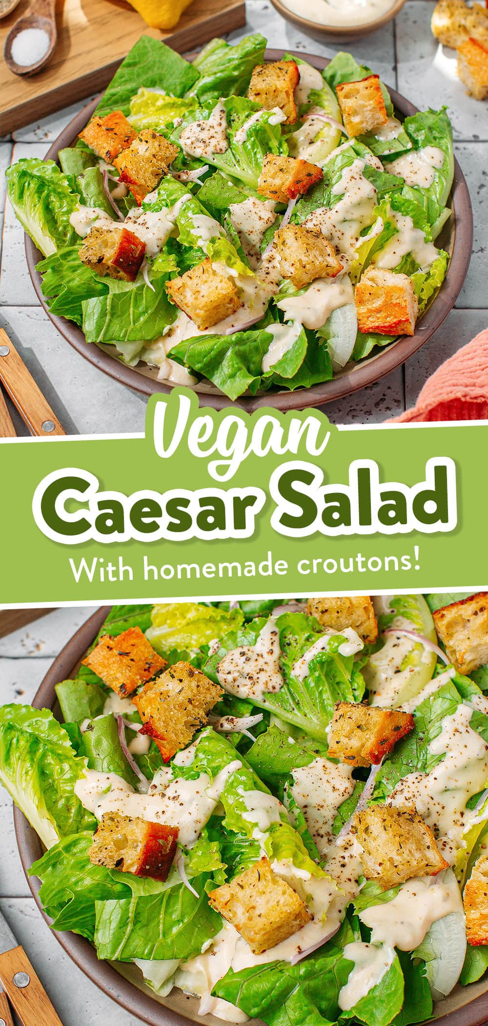 This vibrant vegan Caesar salad comes loaded with crisp Romaine lettuce, homemade herby croutons, shallots, and the creamiest dressing. Serve it as a side with pasta, pizza, vegan meatballs, or stuff it into wraps. No anchovies, no compromise on flavor!