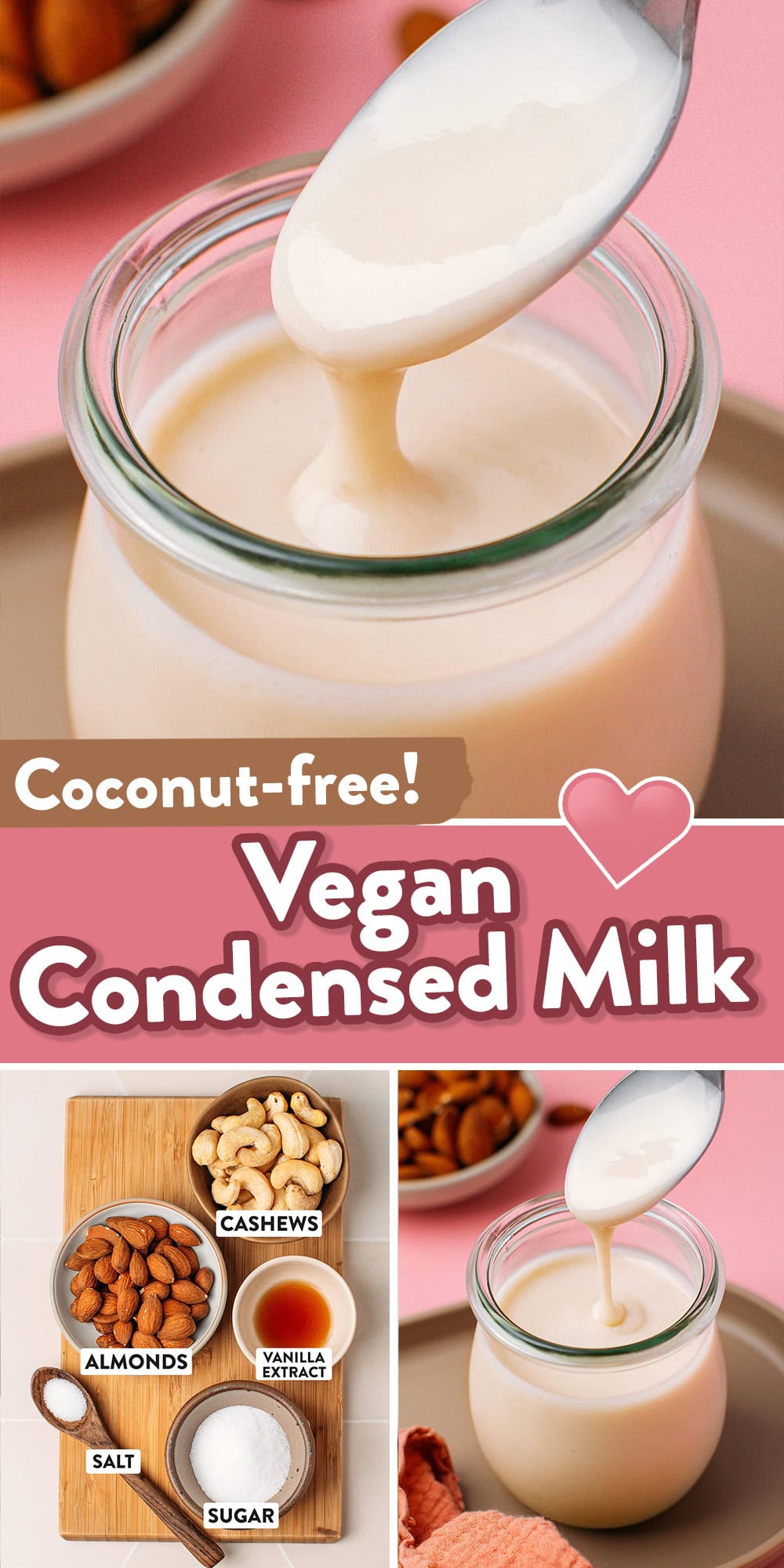 Prepared with a base of almonds and cashews, this vegan sweetened condensed milk is rich, creamy, and coconut-free. It works as a 1:1 substitute for canned condensed milk in drinks, desserts, and baking. Just 5 ingredients required!