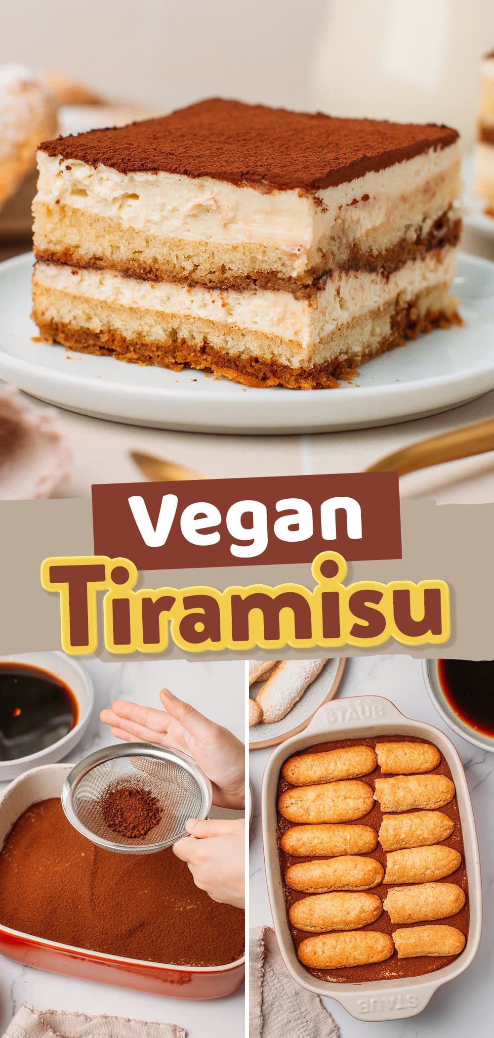This vegan tiramisu features layers of ladyfingers soaked in espresso and amaretto, topped with a rich and ultra-creamy vanilla cream, then finished with a generous dusting of cocoa. The cream holds its shape perfectly for beautiful, clean slices. Vegan ladyfingers or sponge cake, both work wonderfully!