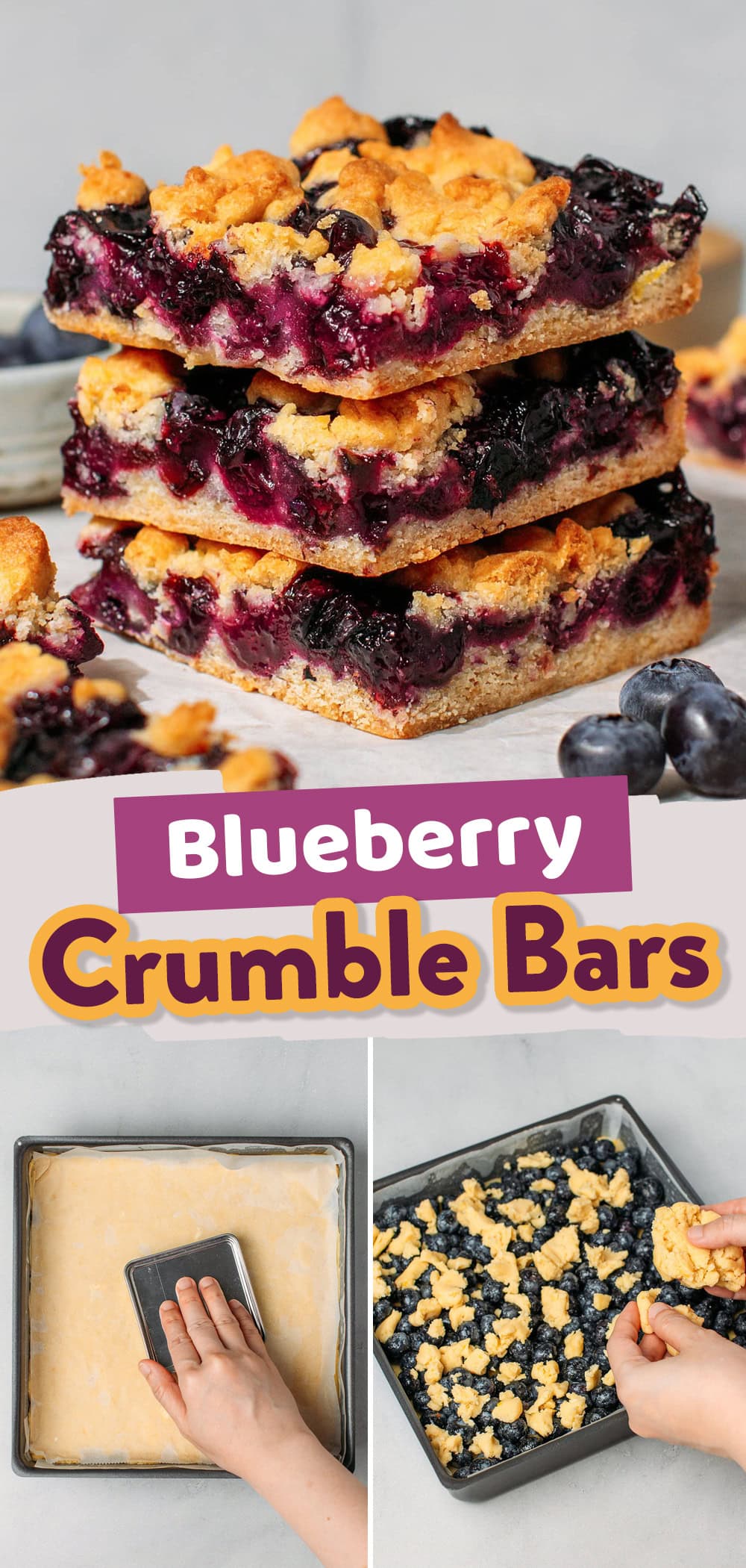 Stacked blueberry crumble bars.