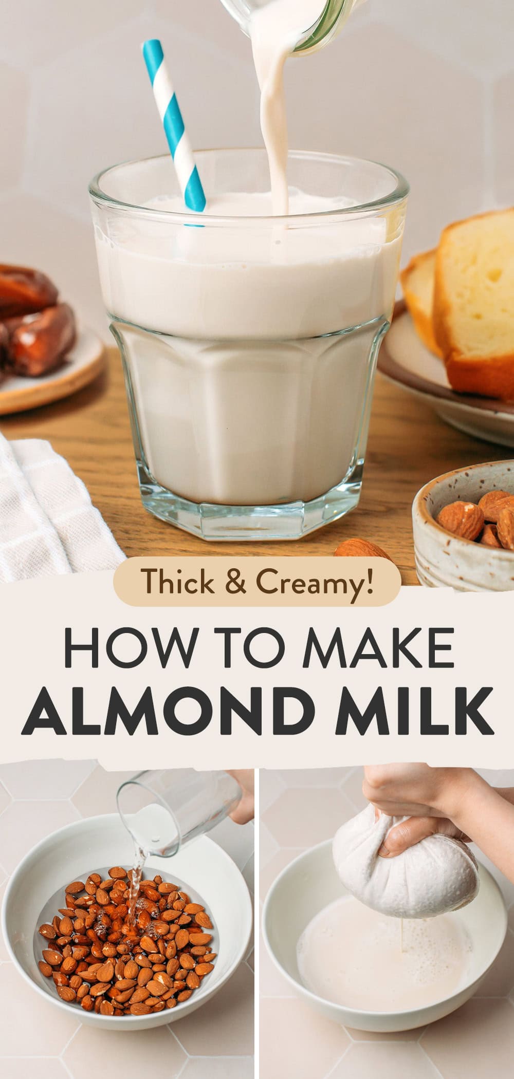 Pouring almond milk into a glass.