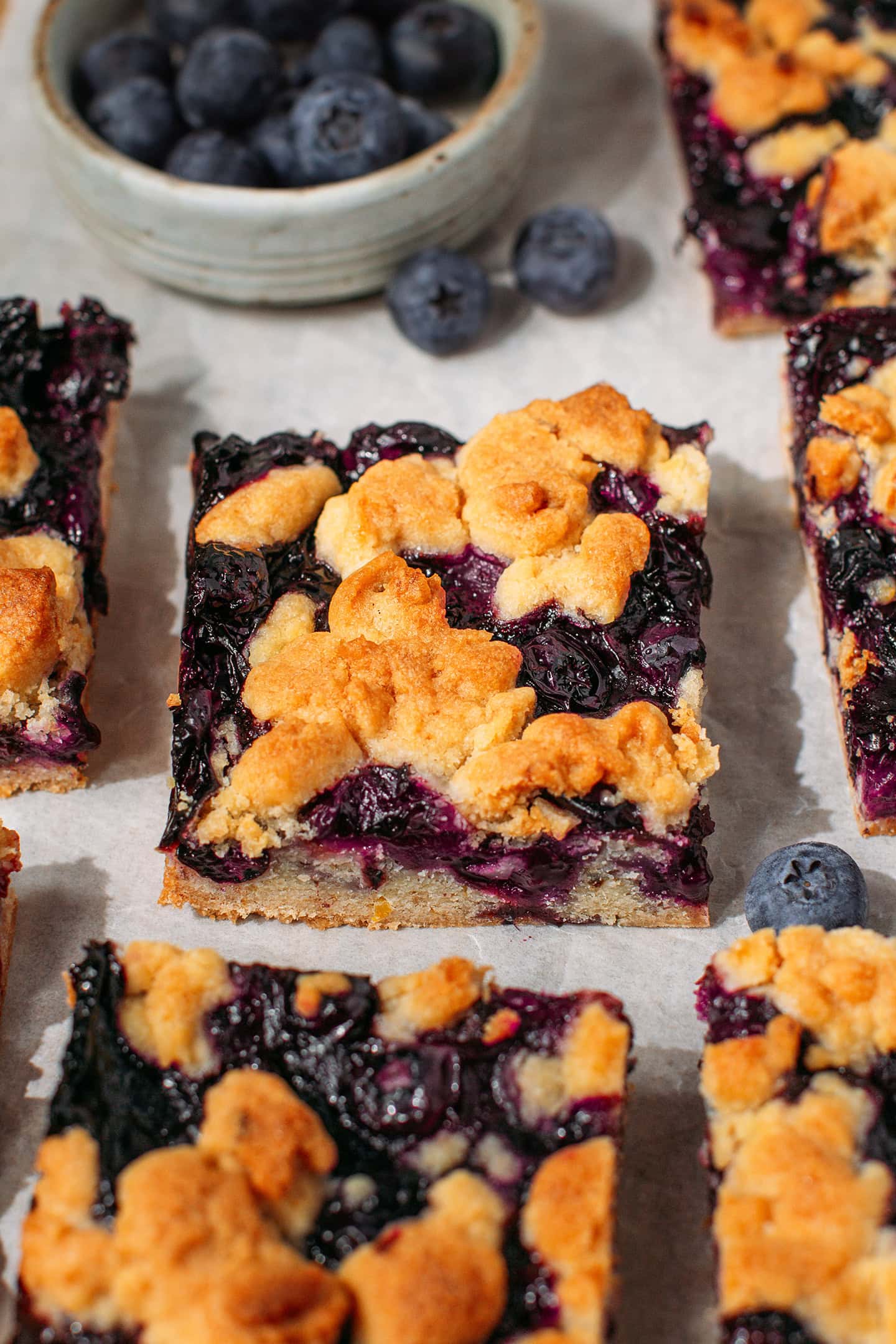 Close-up of a blueberry crumble bar.
