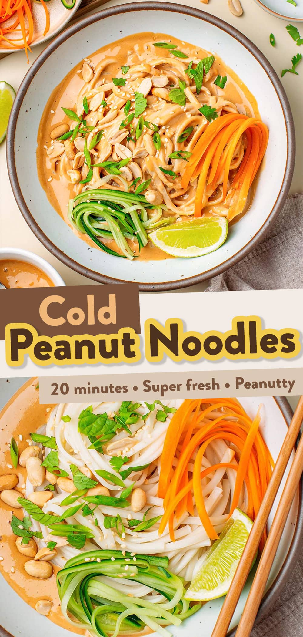 Not in the mood to spend a long time over the stove on hot summer days? I've got you covered with these cold peanut noodles. They come together in just about 20 minutes and taste super fresh and peanutty. The sauce's made with simple ingredients like natural peanut butter, lime juice, soy sauce, and the noodles are served with crisp cucumber, julienned carrots, and plenty of fresh herbs!
