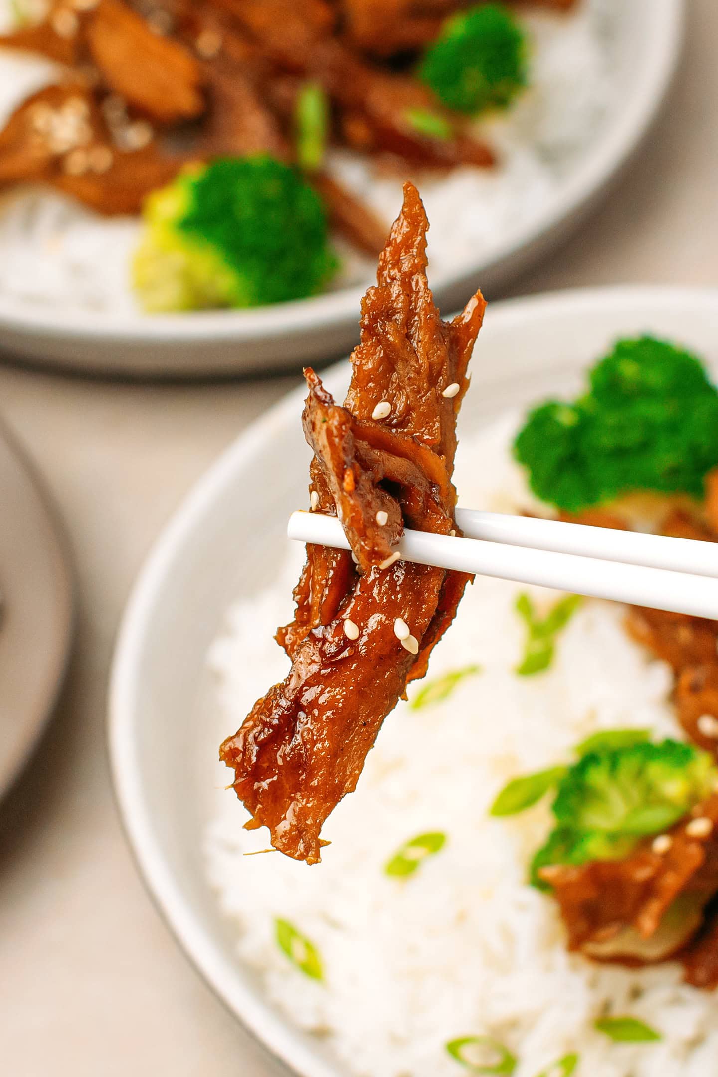Close-up of a strip of vegan chicken.