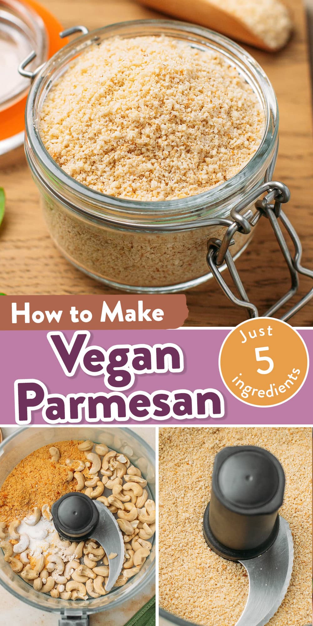 Glass jar containing vegan parmesan on a wooden board.