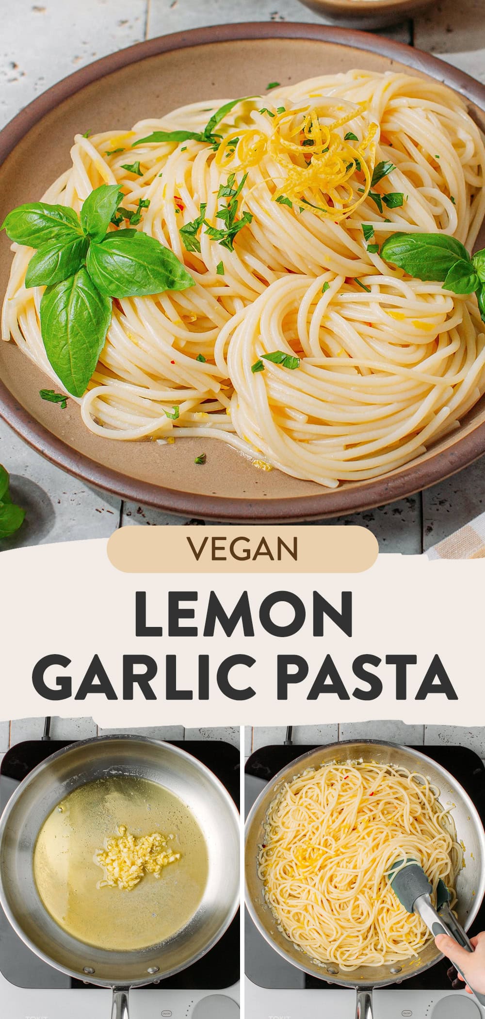 Spaghetti coated with lemon sauce and topped with fresh basil, in a brown plate.