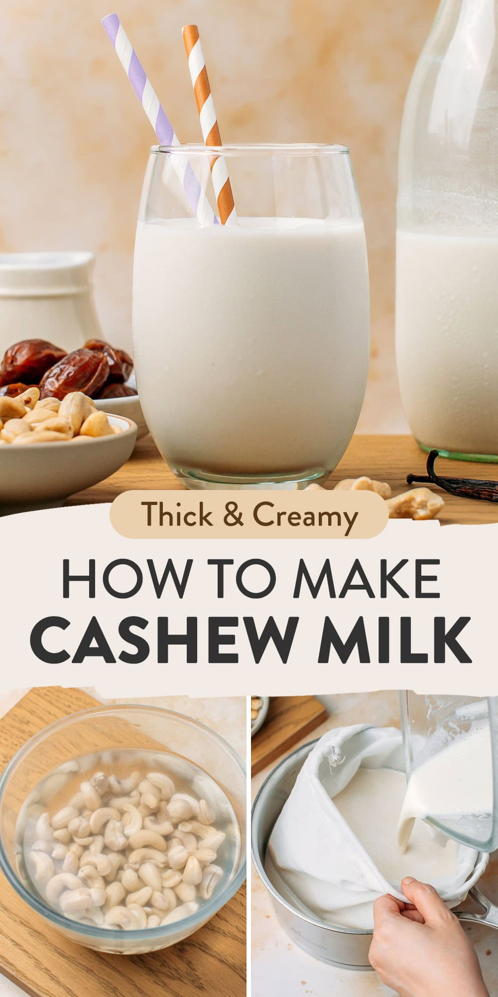 Glass of fresh cashew milk with two colorful straws.